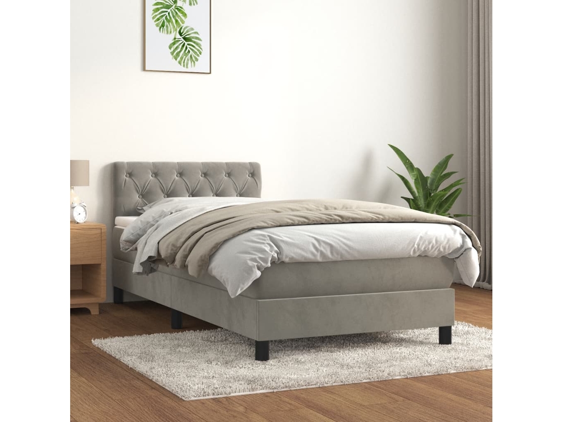 Cama Box Spring Con Colchón Terciopelo Gris Claro 80x200 Cm