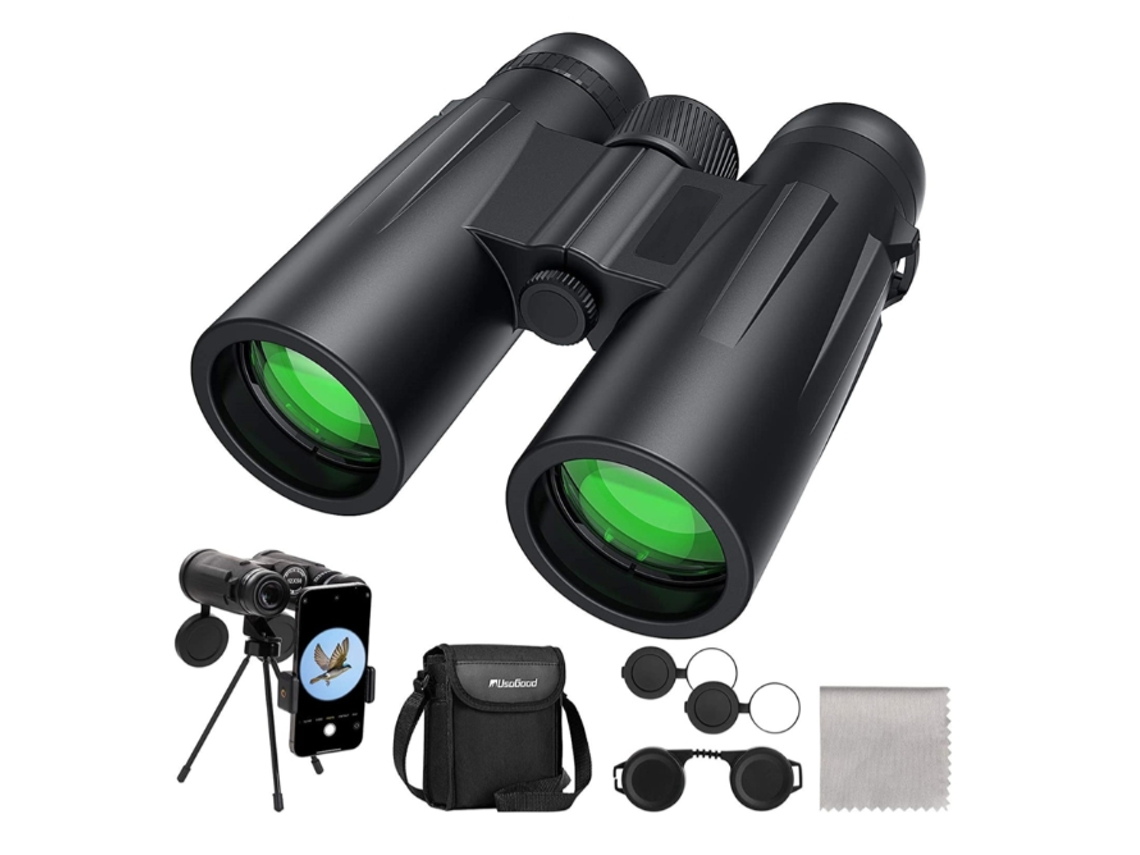 Binoculares 12x42 IP68 Trípode para observación de aves, senderismo, viajes, adaptador para fotografía, color negro. Bestvite