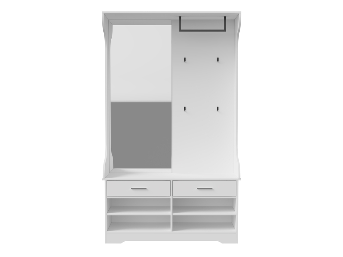 Mueble de entrada blanco con espejo, se puede utilizar como zapatero, incluye 4 ganchos, 1 perchero y 2 cajones, color blanco.