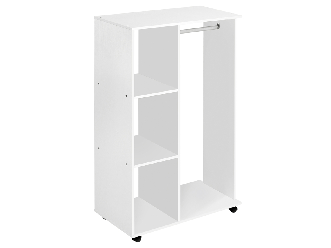 Armario abierto con ruedas y estantes para colgar y doblar ropa, 80x40x128 cm, blanco.