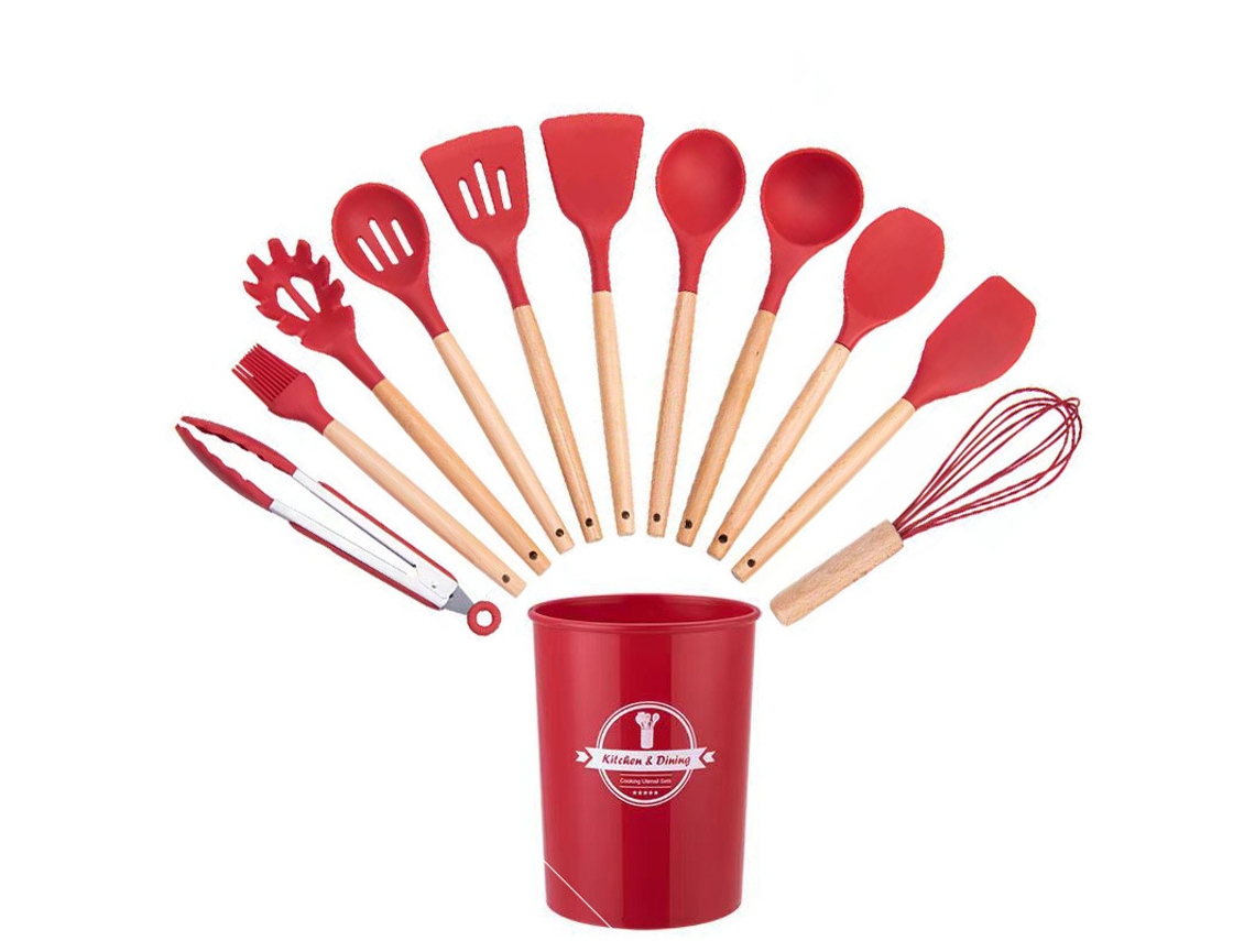 Juego de utensilios de cocina de silicona de 12 piezas, antiadherentes y sin BPA, color rojo Siurn
