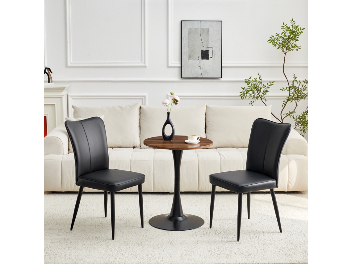 Conjunto Mesa Y Sillas 60 Cm - Mesa Redonda Mdf Con Patas Negras Y 2 Sillas Comedor Pu Negras - Negro, Nogal