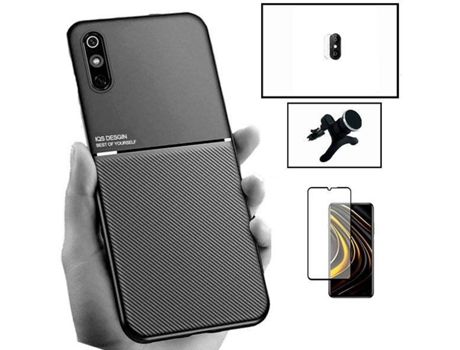 Kit Funda Magnetic Lux, 5D Full Cover, Protector de Cámara y Soporte Magnético de Coche Reforzado Xiaomi Redmi 9A Sport PHONECARE Negro