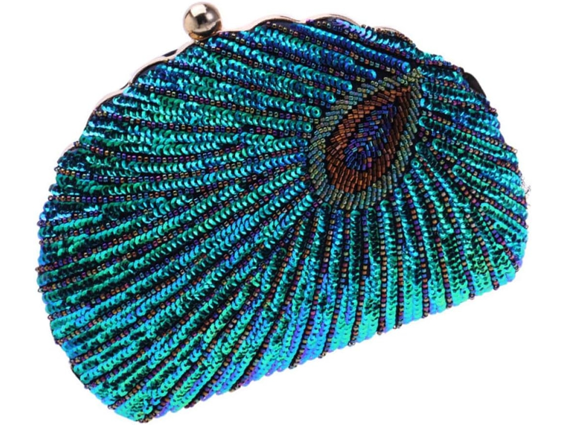 1 Bolso De Mano Decorativo Verde Pavo Real Con Perlas Para Mujer, Accesorio Para Vestido De Noche