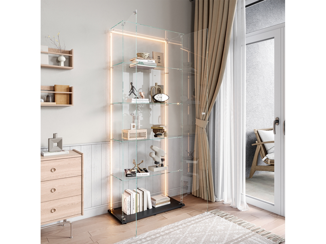 Vitrina de dos puertas con 5 estantes, iluminación LED, cristal templado, diseño moderno, movilidad flexible y espacio de almacenamiento optimizado.