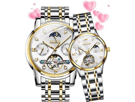 VEANXIN Juego de reloj mecánico automático con diamantes para pareja, regalo de boda romántico(blanco)