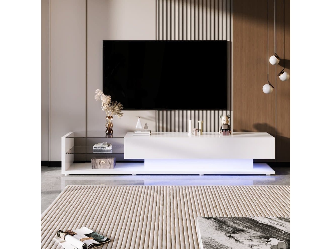 Mueble Tv 170cm Con Led Y Mampara De Cristal - 2 Cajones - Blanco