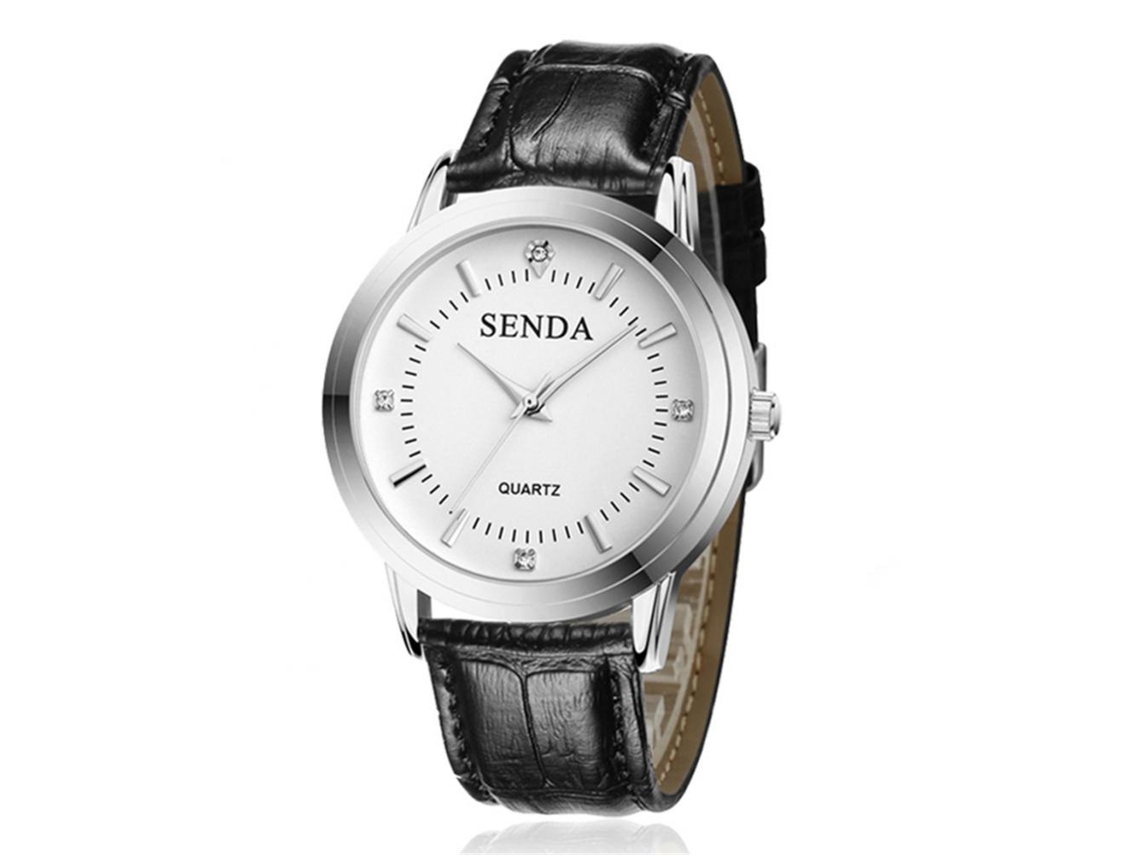 Reloj De Pareja Cuero Pu Negra Caja Plata Dial Blanco Quartz Empresarial