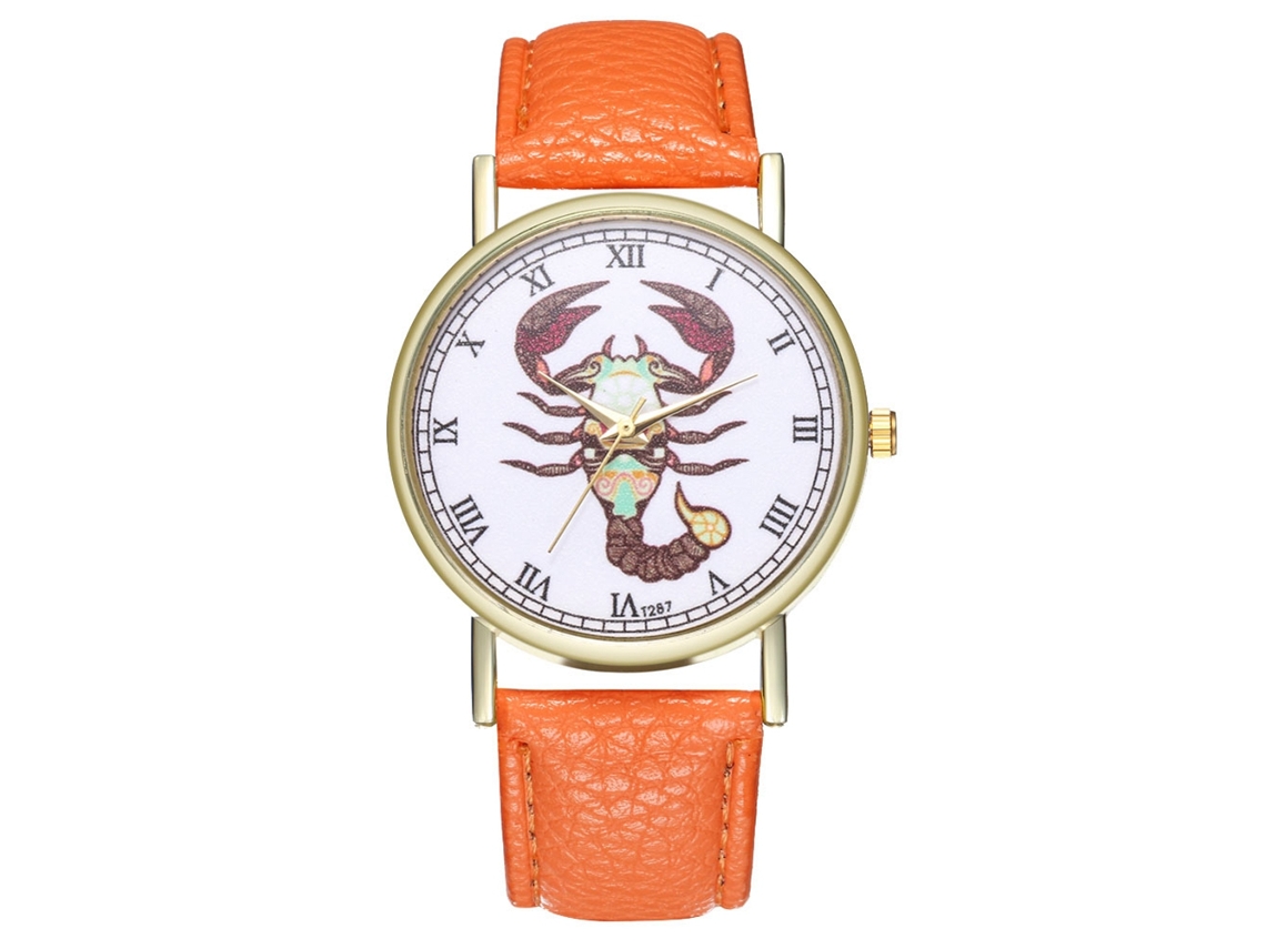 Reloj De Cuarzo Con Correa De Cuero Patrón De Escorpio 12 Constelaciones Naranja