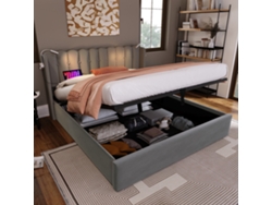 Cama Gris De 160x200 Mm Con Luz De Lectura Y Mesita De Noche Con Cargador.
