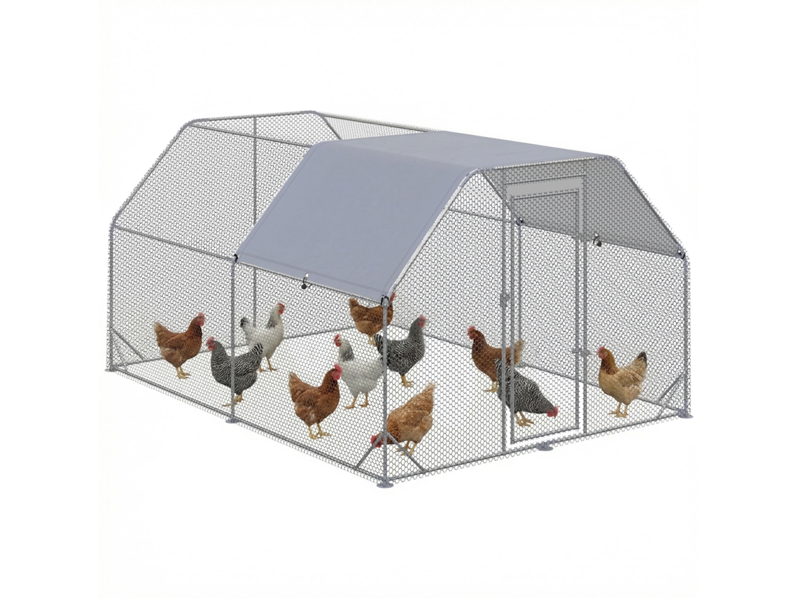 Gran gallinero exterior de acero galvanizado, de 280x380x195 cm, con cubierta de tela Oxford plateada.