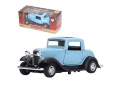 Miniatura de carro clássico vintage em escala 1:32, modelo Garter, com portas que abrem e mecanismo de fricção, azul.