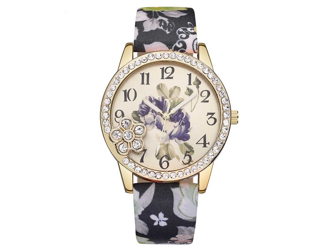 Reloj De Pulsera De Cuarzo Para Mujer Vansvar Con Correa De Piel Sintética, Estampado Floral Y Piedras Preciosas.
