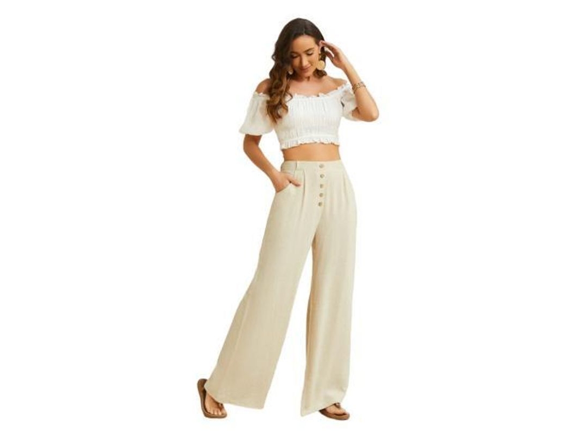2026-pantalones Anchos De Algodón Y Lino Para Mujer, High Waist, Verano, Con Bolsillos, Flowy Y Casual L Albaricoque