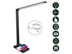 Lámpara de escritorio de carga inalámbrica, negra, de bajo consumo con puerto de carga USB, diseño portátil y plegable para oficina.