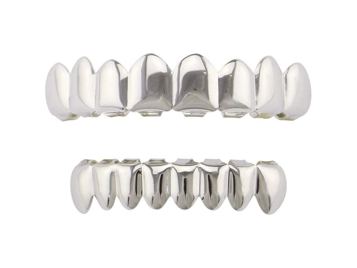Juego De Parrillas Dentales Chapadas En Oro De 18 Quilates, Superior E Inferior, 8 Dientes, Estilo Hip Hop Plateado, Para Hombres Y Mujeres.