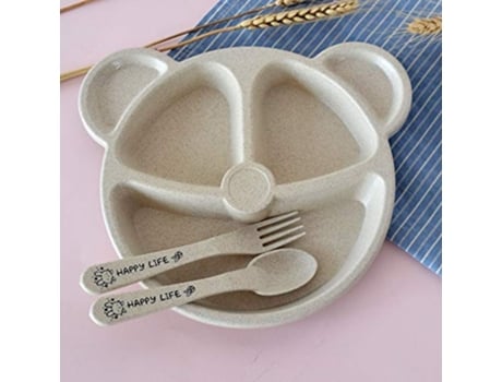 3 unids/set cuenco para bebé cuchara tenedor alimentación comida vajilla dibujos animados oso niños plato de cena-blanco