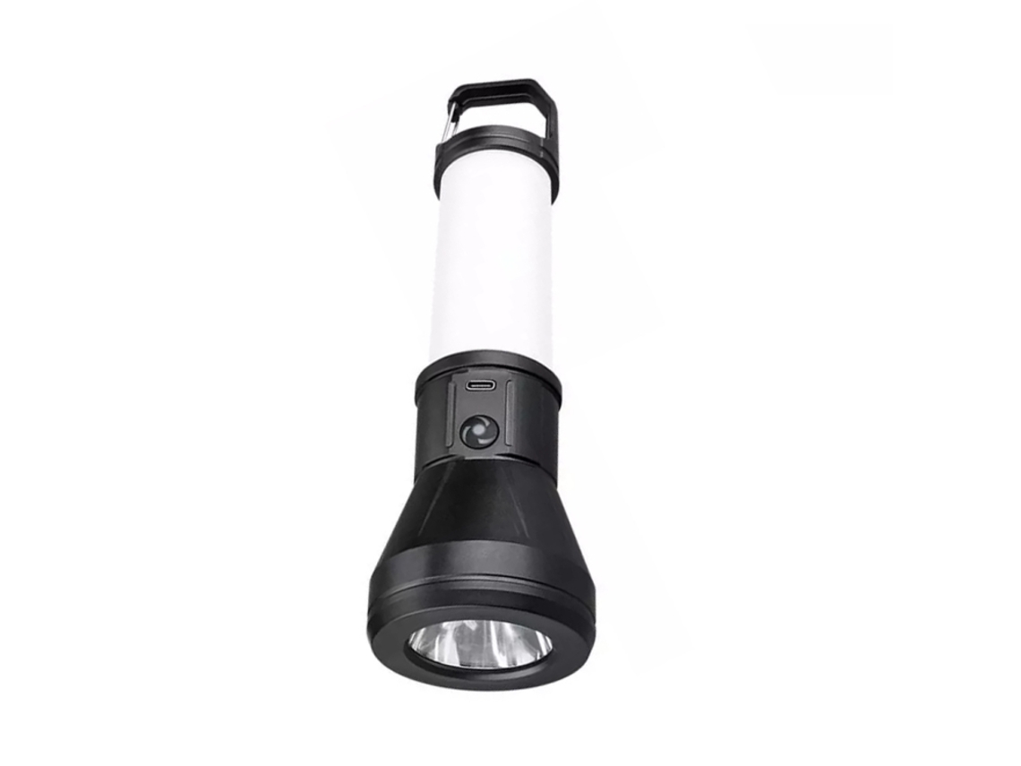 Linterna compacta con dos fuentes de luz laterales, haz potente y largo alcance para acampar.