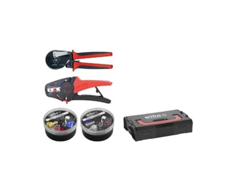 WIHA Herramienta pelacables y crimpadora, juego de 5 unid. con extremos de cable 500 ud. codificación por colores DIN en L-Boxx Mini (43987)