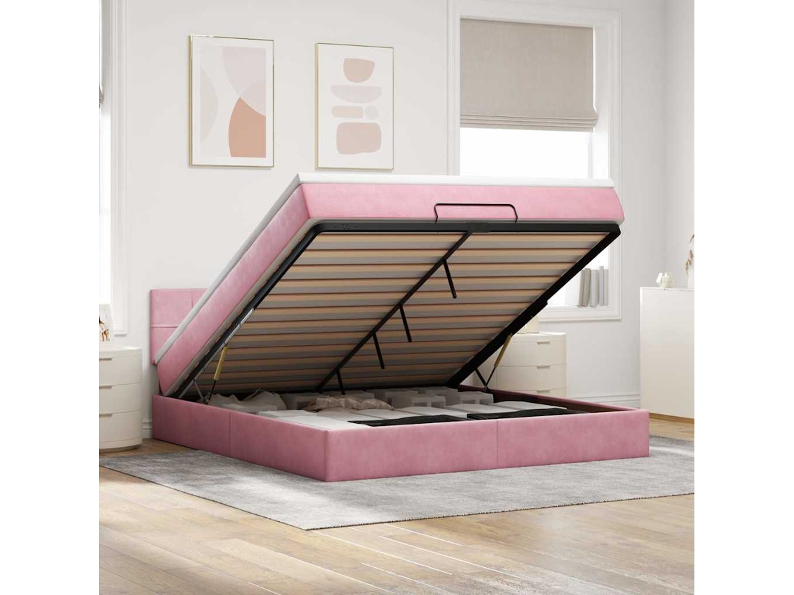 Estructura Cama Otomana Con Colchón Terciopelo Rosa 160x200 Cm