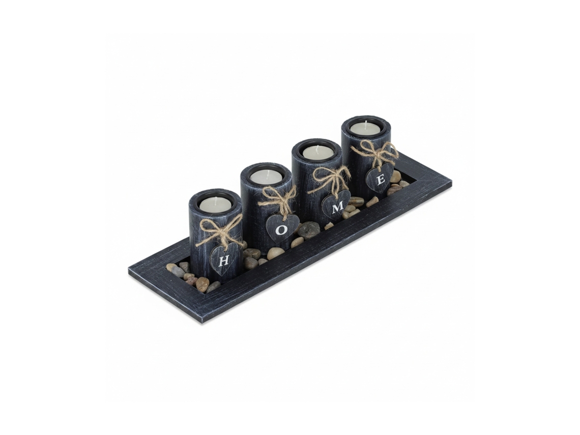 Relaxdays Portavelas Con Bandeja Y Piedras Decorativas, 39,5 Cm Largo, Centro Mesa Salón, Candeleros «home», Negro