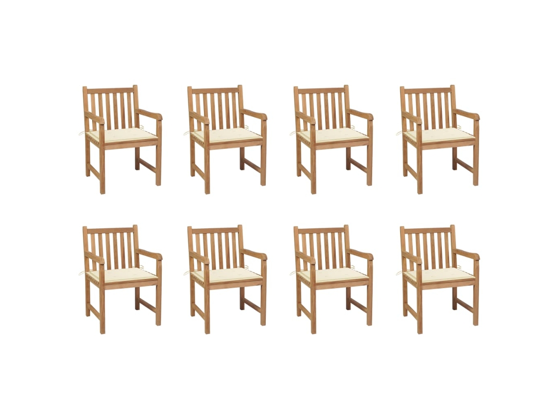 Sillas de jardín con cojines color crema, 8 piezas, teca maciza, DKD Home Decor