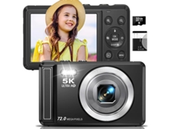Cámara digital UHD 5K de 72 MP para fotografía, cámara pequeña con enfoque automático y función "Apuntar y disparar" (negra)