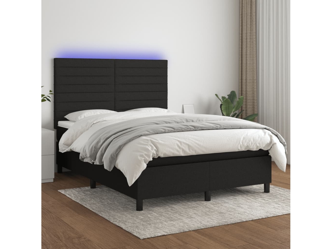 Cama Box Spring Colchón Y Luces Led Tela Negro 140x190 Cm