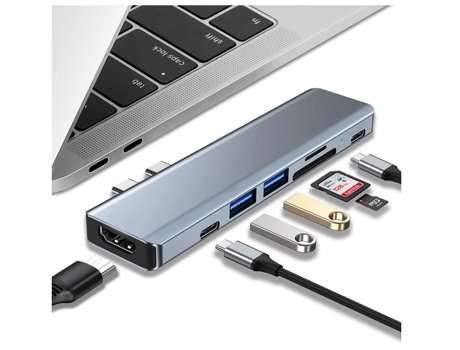 USB C Hub 7 en 2 para MacBook Air Pro M1 Adaptador USB C con 4K HDMI USB 3.0 Lector de Tarjetas SD/TF Puerto USB C (100W PD) Gris BISBISOUS