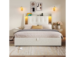 Cama Tapizada 90x200 Cm - Con Carga Usb Tipo-c, Almacenamiento Multifuncional, Led, Beige