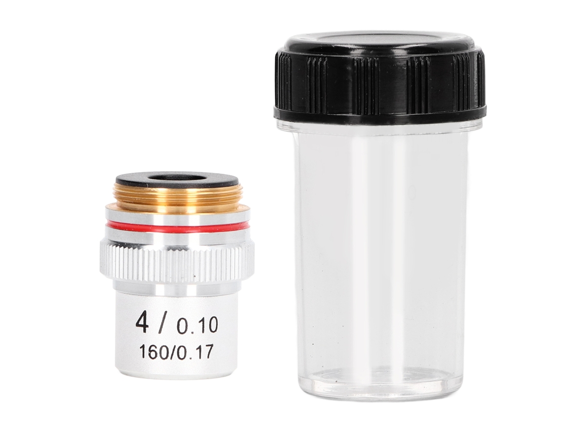 Objetivo de microscopio acromático 4x con interfaz estándar de 20,2 mm, color plateado