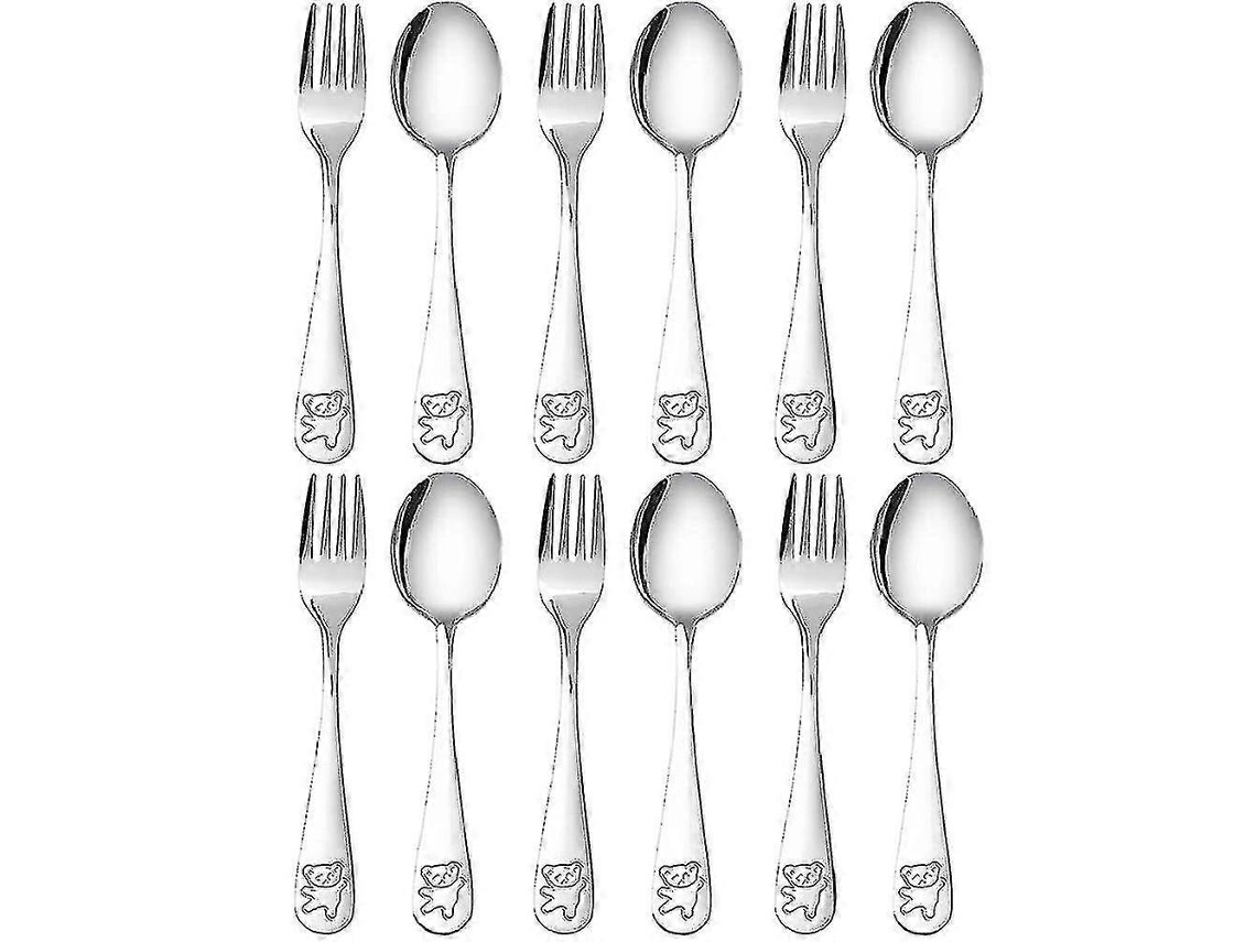 12 Piezas Cubiertos Niños Acero Inoxidable Cuchara Tenedor Juego Utensilios Niños Mano Pequeña Diseño Oso Regalo