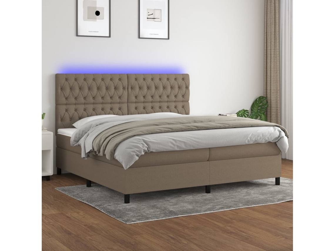 Cama Box Spring Colchón Y Luces Led Tela Gris Taupe 200x200 Cm