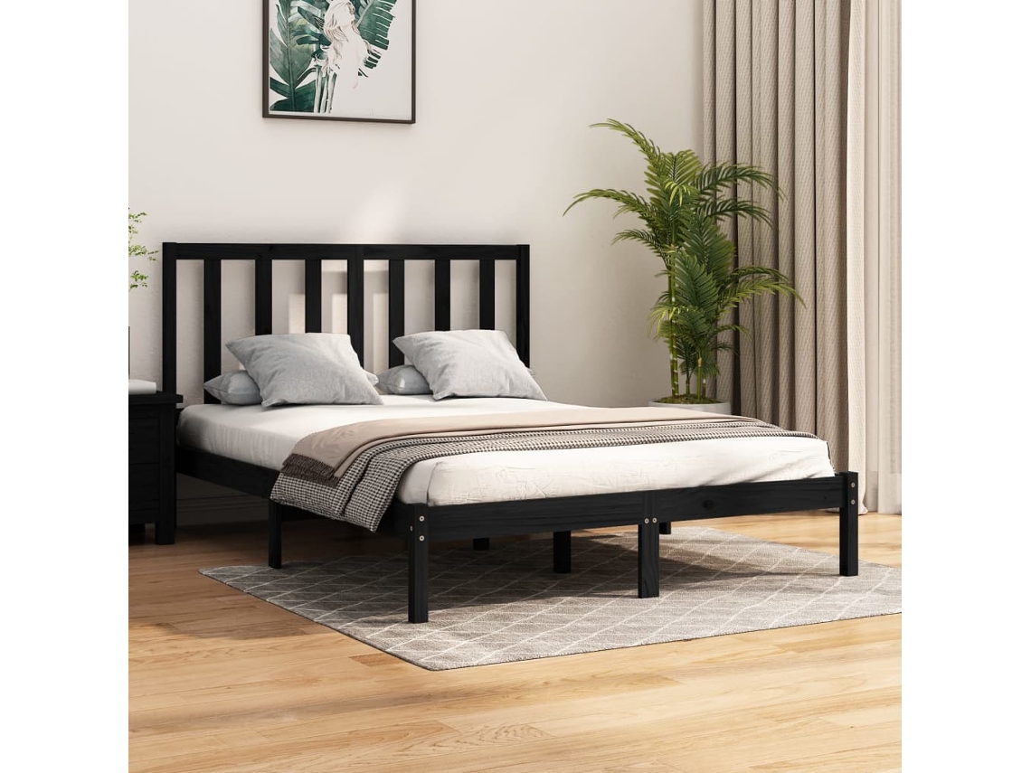 Estructura De Cama De Madera Maciza De Pino Negra 140x190 Cm