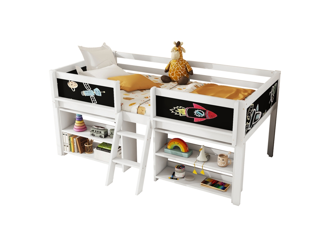 Cama infantil con varios estantes y muebles de madera maciza en color blanco (90 x 200 x 90)