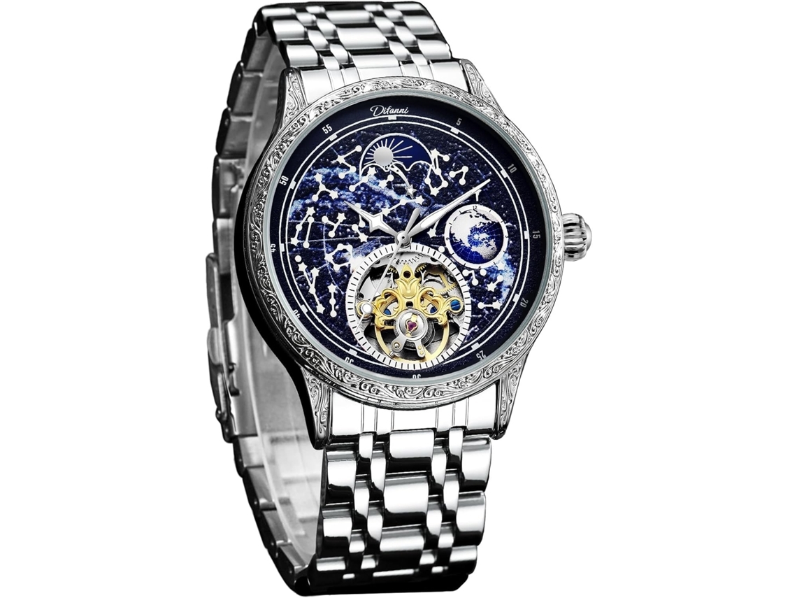 Reloj luminoso de cielo estrellado para hombre, reloj mecánico hueco con Tourbillon automático y fases lunares