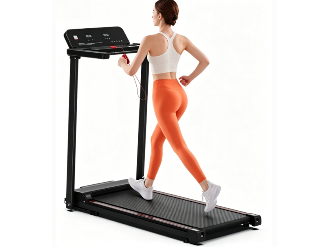 Cinta de correr Rolipo Q30 con una velocidad máxima de 12 km/h, monitor de frecuencia cardíaca, conectividad mediante aplicación, motor silencioso y diseño plegable.