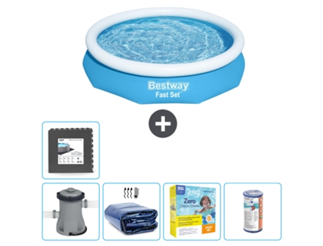 Piscina hinchable redonda Fast Set BESTWAY - 305 x 66 cm - Azul - Bomba incluida Vela solar - Paquete de mantenimiento - Filtrar - Baldosas