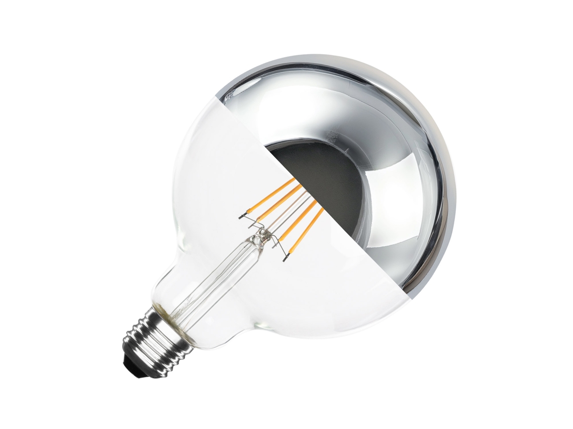 Bombilla LED de filamento E27 8W 800lm G125 cromada reflectante, sin parpadeo, 2200K, supercálida - Ledkia