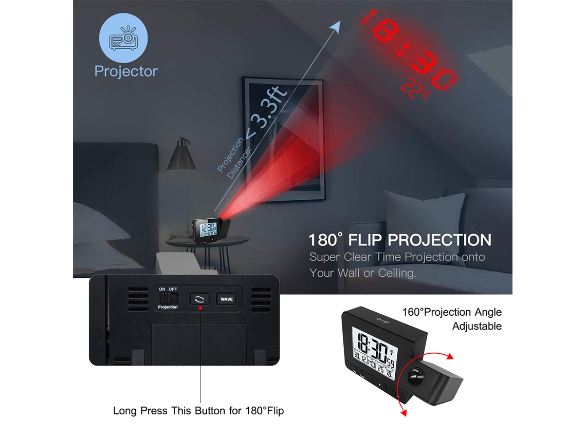 Reloj Despertador Con Proyector, Termómetro/humidómetro, Pantalla Led Ajustable, Cargador Usb, Doble Alarma Y Función De Repetición Giratoria De 180°.