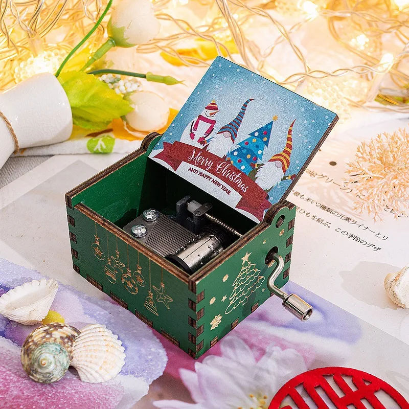 (estilo 38) Caja De Música Navideña Vintage Con Manivela, Exquisita Artesanía De Resina Y Madera Pintada A Mano.