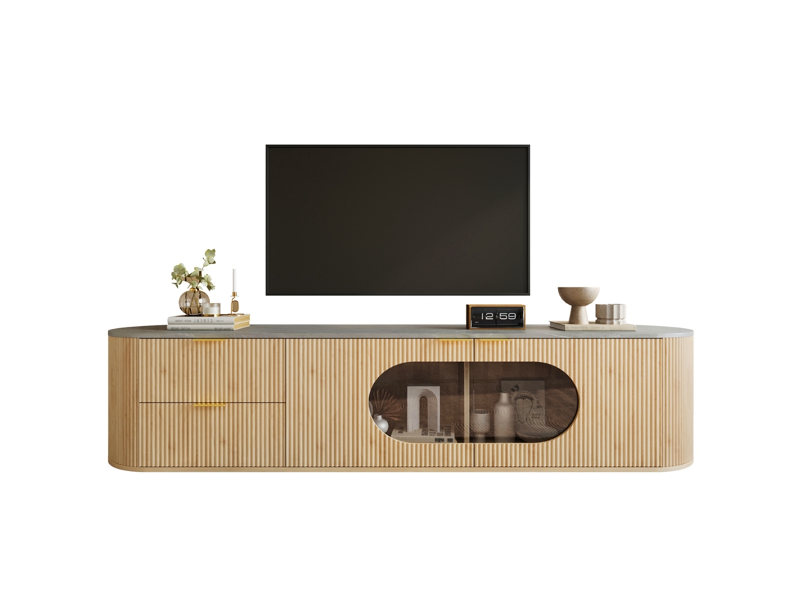 Mueble Tv Moderno Madera Puertas Rayas 3d Vitrina Cristal Gris Almacenamiento Multizona