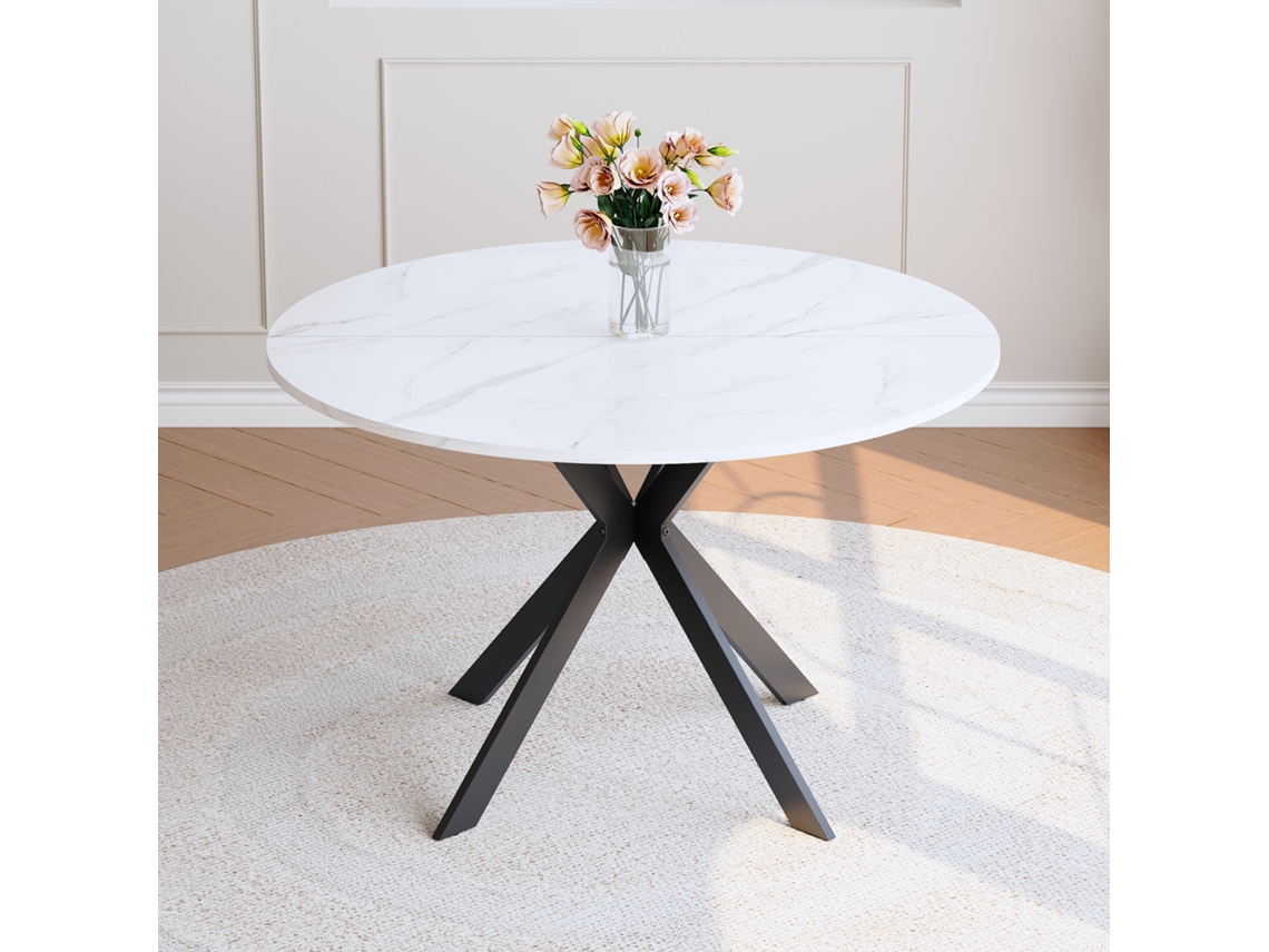 Mesa Redonda De Mármol Blanco, Mdf X Negro, 110 Cm