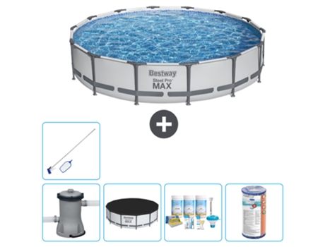 Piscina BESTWAY Round Steel Pro MAX - 427 x 84 cm - Gris - Bomba incluida Cubrir - Paquete de mantenimiento - Filtrar - kit de limpieza
