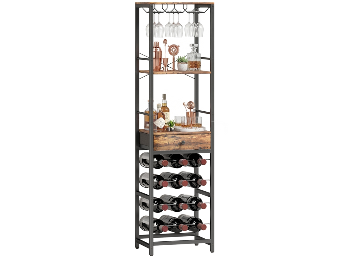 Botellero Para 12 Botellas, Con Estante Abierto Y Cajón, 40x30x148cm, Marrón Rústico.