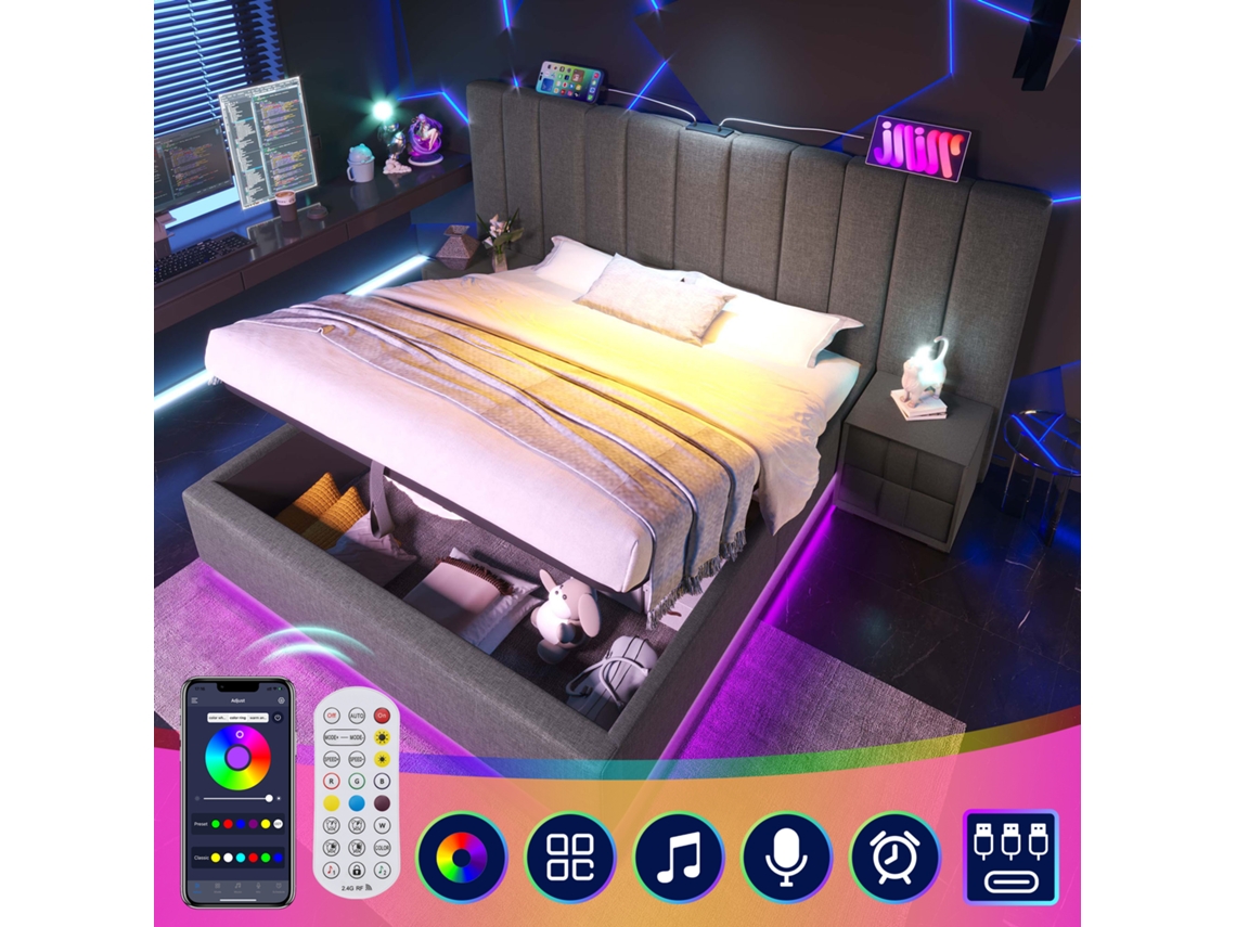 Cama Led De 180x200 Con Iluminación Usb-c, Color Gris Lino, Colchón No Incluido.