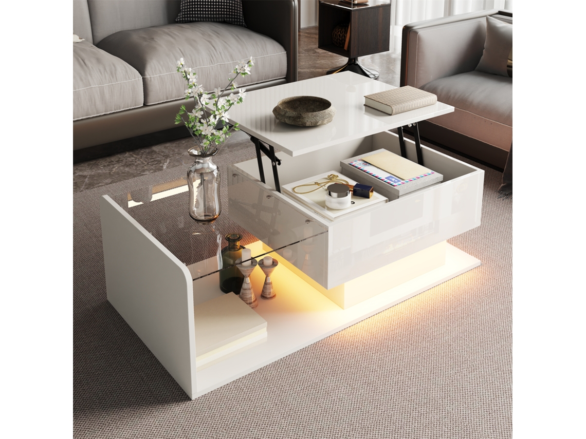 Mesa De Café - Tamaño: 100x50 Cm - Efecto Led, Con Cristal - Blanco