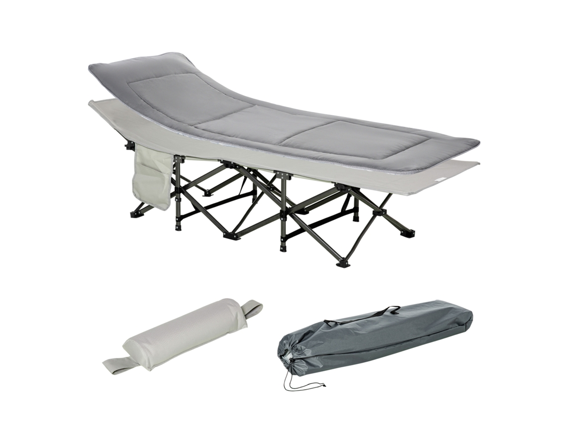 Cama de camping doble con almohada y saco de dormir, colchón gris ligero, capacidad de carga hasta 150 kg.