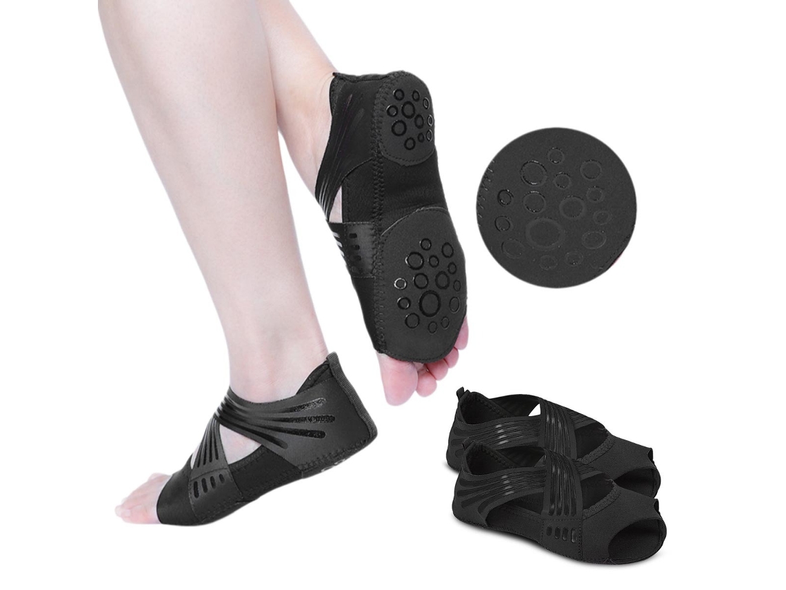 Calzado De Entrenamiento Yoga Pilates (2 Piezas) — Punta Abierta, Algodón Y Lycra Transpirable Con Agarre De Silicona Y Talón Con Tira Cruzada Black M