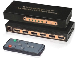 Conmutador HDMI 5x1 4K60Hz, 5 entradas y 1 salida, control remoto IR, HDCP 2.2, UHD, HDR, Full HD/3D, negro Bestvite
